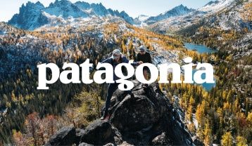 Two hikers navigate a rocky mountain ridge surrounded by autumn-colored yellow and green trees, with a alpine lake visible in the background valley. The white patagonia logo is displayed prominently across the center of the image