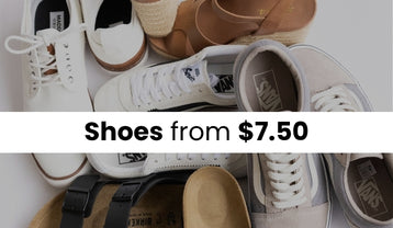 A pile of different pair of men's and women's shoes. The image has a dark overlay with a white stripe with text that reads Shoes from $7.50