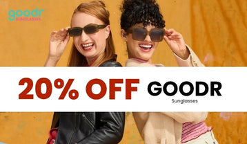 Promotional graphic of 2 woman sitting back to back wearing different pairs of sunglasses in front of a yellow background and Goodr Sunglasses logo in the upper left hand corner with thick white stripe through the image with text that reads 20% GOODR Sunglasses 