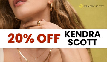 Promotional graphic of woman wearing gold earrings, necklace, and ring against a yellow/green background and the Kendra Scott logo in the upper right hand corner with thick white stripe through the image with text that reads 20% OFF KENDRA SCOTT