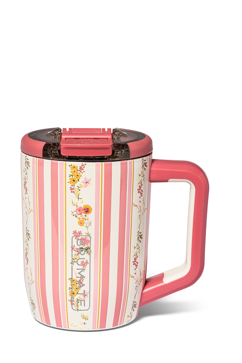 Travel mug with floral and stripe pattern and pink accents 