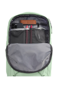 Open sage green backpack showing interior organization with mesh pockets, zip compartments, and a gray main compartment lining, photographed on a white background.