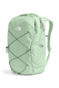 A light mint green The North Face backpack with gray zipper pulls and adjustable shoulder straps, shown on a clean white background.