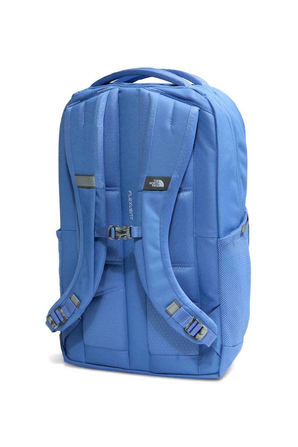 Blue The North Face backpack shown from the back, featuring padded shoulder straps, a central buckle strap, and a small brand logo patch.