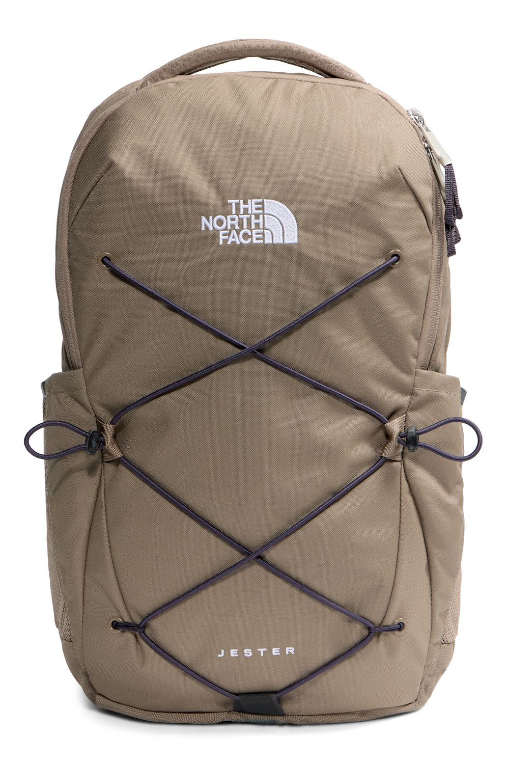 The North Face Jester backpack in a warm khaki-tan color, featuring black bungee cords crisscrossed on the front and a white logo on the upper chest.