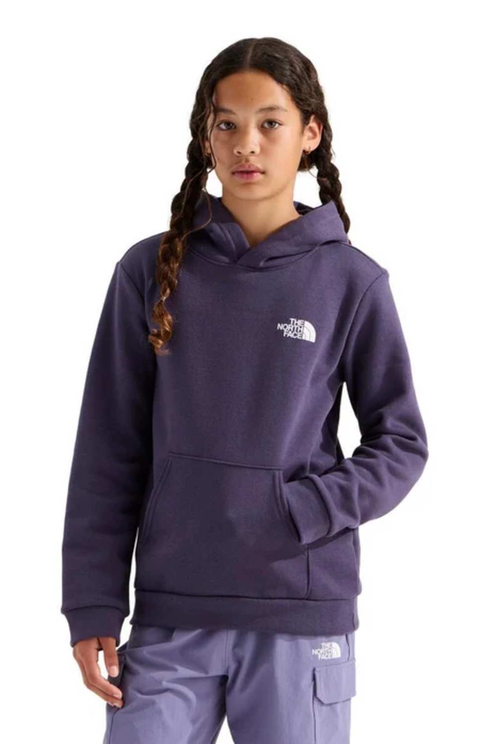 A girl with braided hair wearing a dark purple The North Face pullover hoodie and matching purple pants, shown against a plain white background.