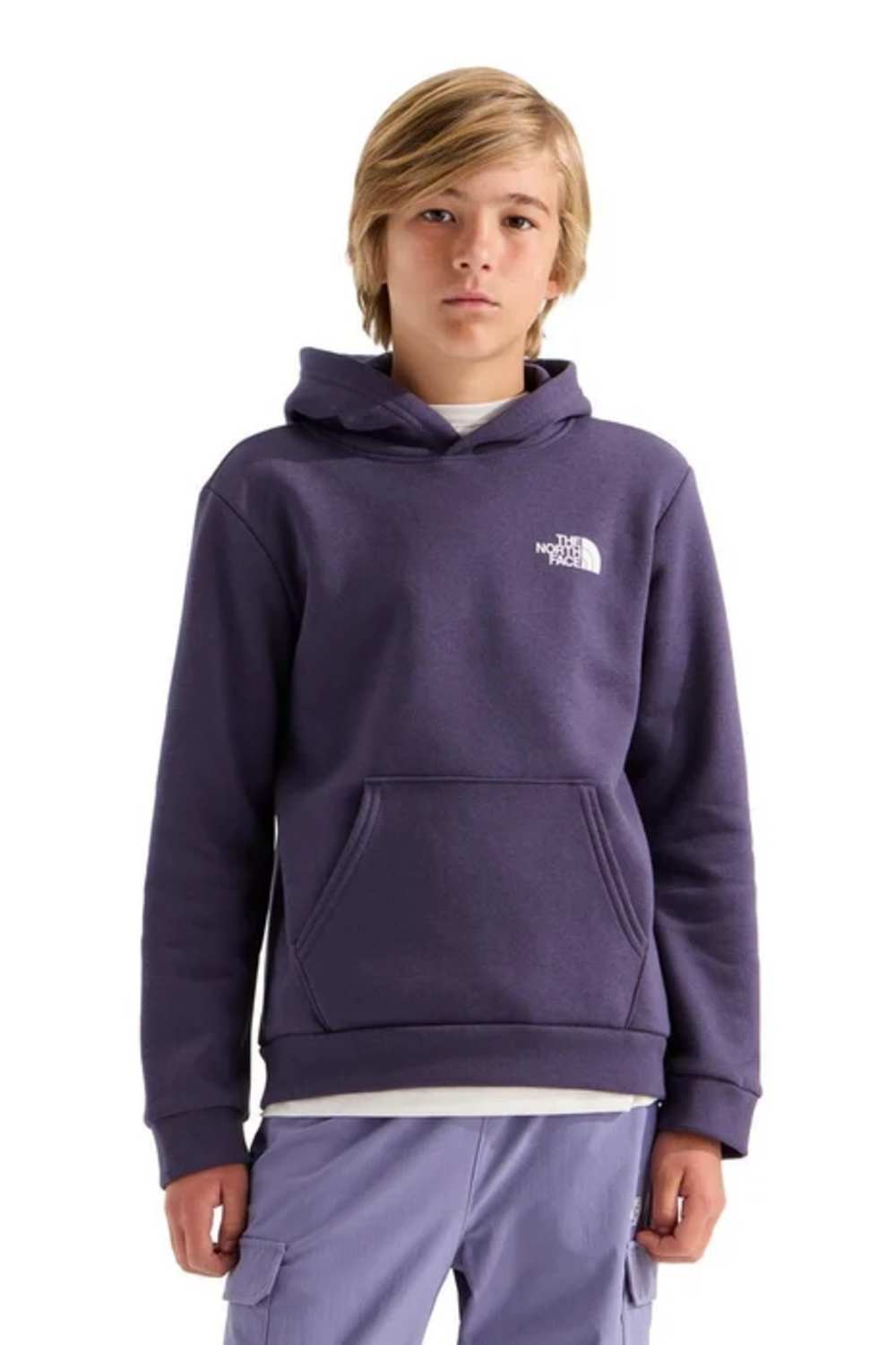 A young boy wearing a dark purple The North Face pullover hoodie with a white embroidered logo on the chest, paired with light purple cargo pants, shot against a solid white background.