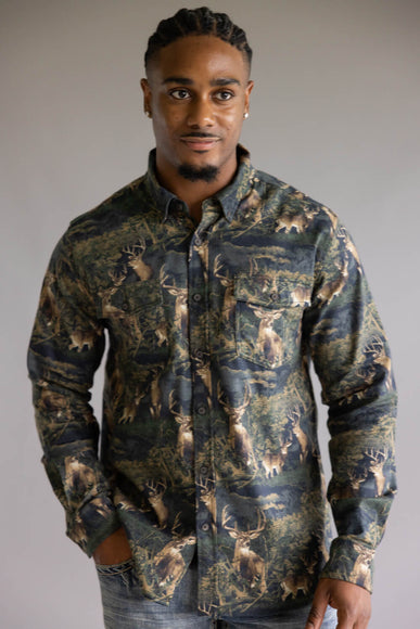 North River Brushed Cotton Deer Printed Button Up Shirt for Men in Green 