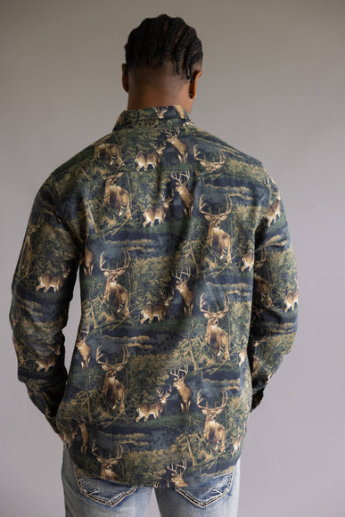 North River Brushed Cotton Deer Printed Button Up Shirt for Men in Green 
