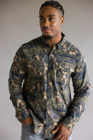 North River Brushed Cotton Deer Printed Button Up Shirt for Men in Green 