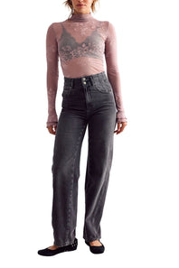 sheer floral lace lingerie in a muted mauve-pink tone, layered over a black bra.