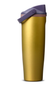 A tall, insulated travel tumbler in brushed gold with a purple flip-top lid, shown on a plain white background.