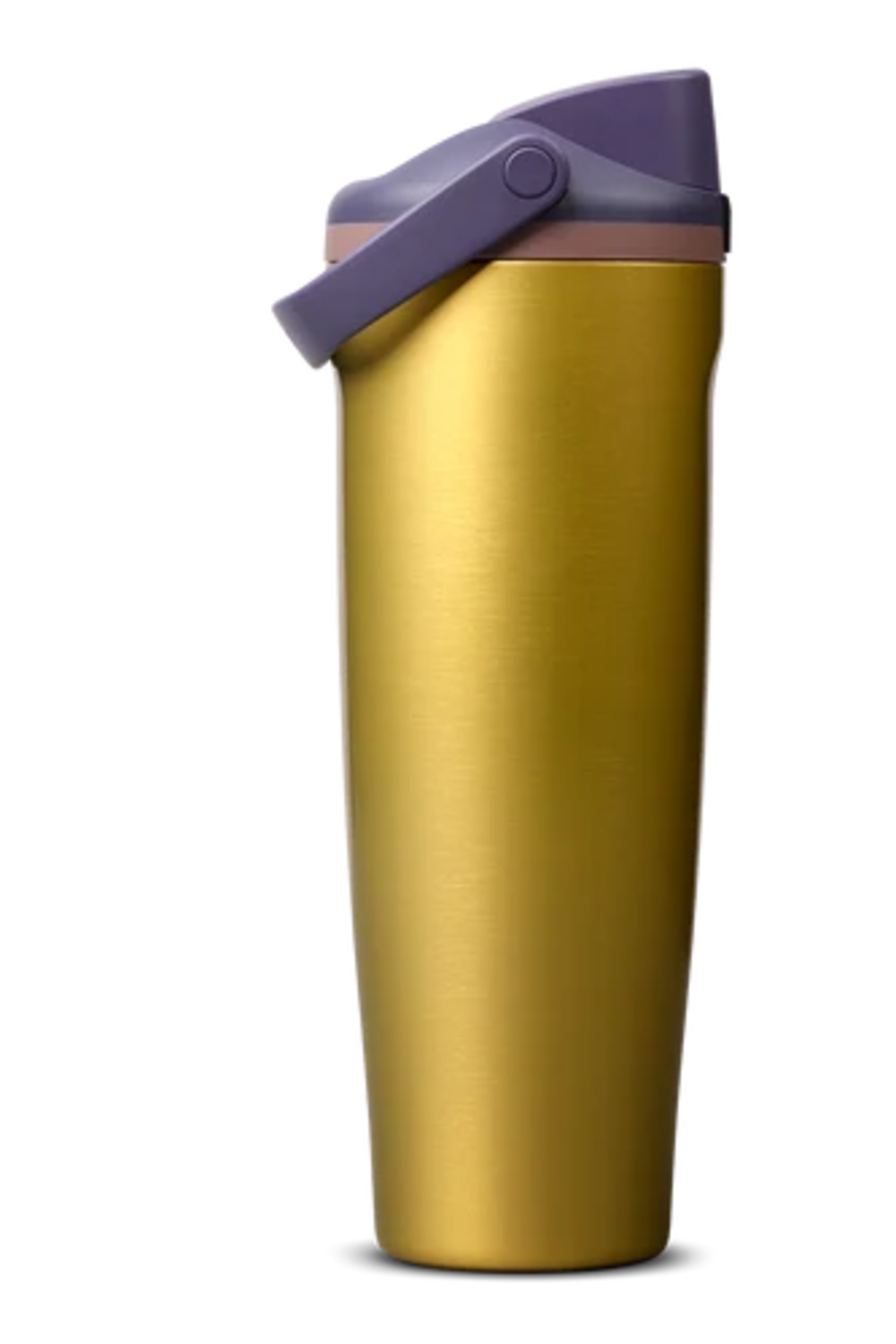 A tall, insulated travel tumbler in brushed gold with a purple flip-top lid, shown on a plain white background.