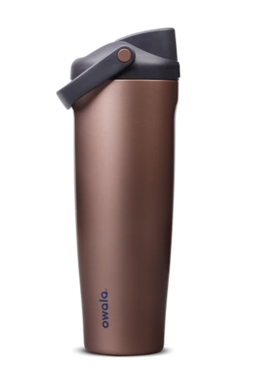 Owala FreeSip Sway 40 oz water bottle in Desert Smoke brown color against a white background, featuring a dark grey lid and a convenient carry handle.