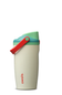 A reusable insulated tumbler with a cream-colored body, a mint green lid, a teal band, and a red carrying handle. The brand name 'owala' is printed vertically in red near the bottom.
