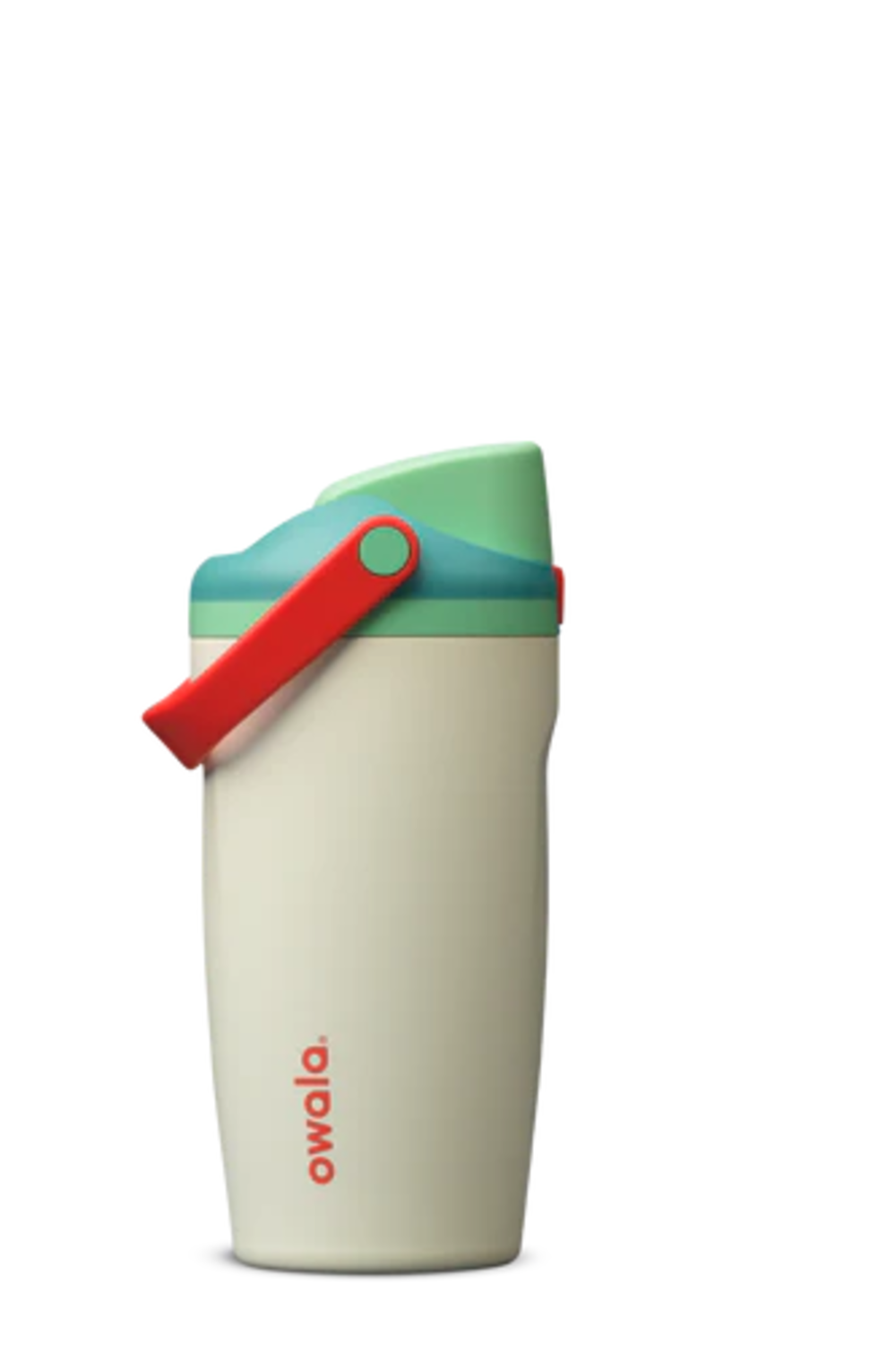 A reusable insulated tumbler with a cream-colored body, a mint green lid, a teal band, and a red carrying handle. The brand name 'owala' is printed vertically in red near the bottom.