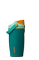 A teal Owala insulated tumbler with a matching carrying loop, featuring a light teal rim, a yellow band, and an orange flip-top lid, shown on a plain white background.