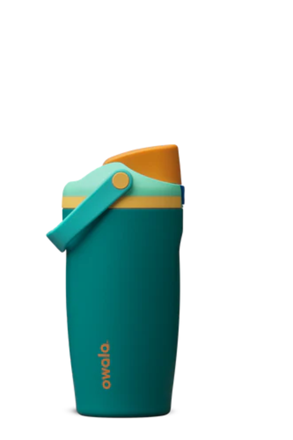 A teal Owala insulated tumbler with a matching carrying loop, featuring a light teal rim, a yellow band, and an orange flip-top lid, shown on a plain white background.