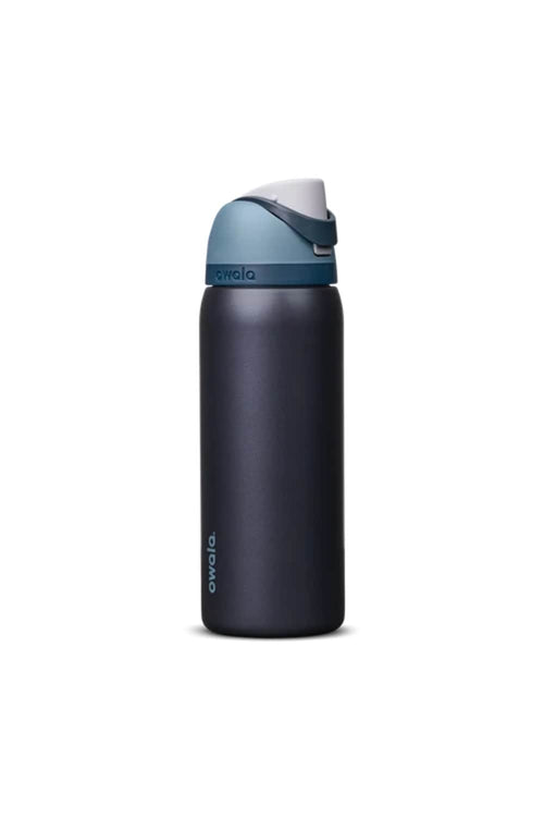 metallic navy bottle with a light blue cap and grey lid