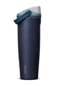 Front view of an upright Owala FreeSip Sway 40 oz insulated water bottle in the Blue Steel colorway. Features a matte dark navy blue body with a light blue Owala logo near the base, a teal blue lid accent and bucket carry handle, and a light grey push-button cap.