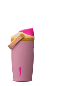 A pink Owala insulated water bottle with a bright pink lid, a beige carrying loop, and a yellow band, shown on a plain white background.