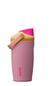 A pink Owala insulated water bottle with a bright pink lid, a beige carrying loop, and a yellow band, shown on a plain white background.