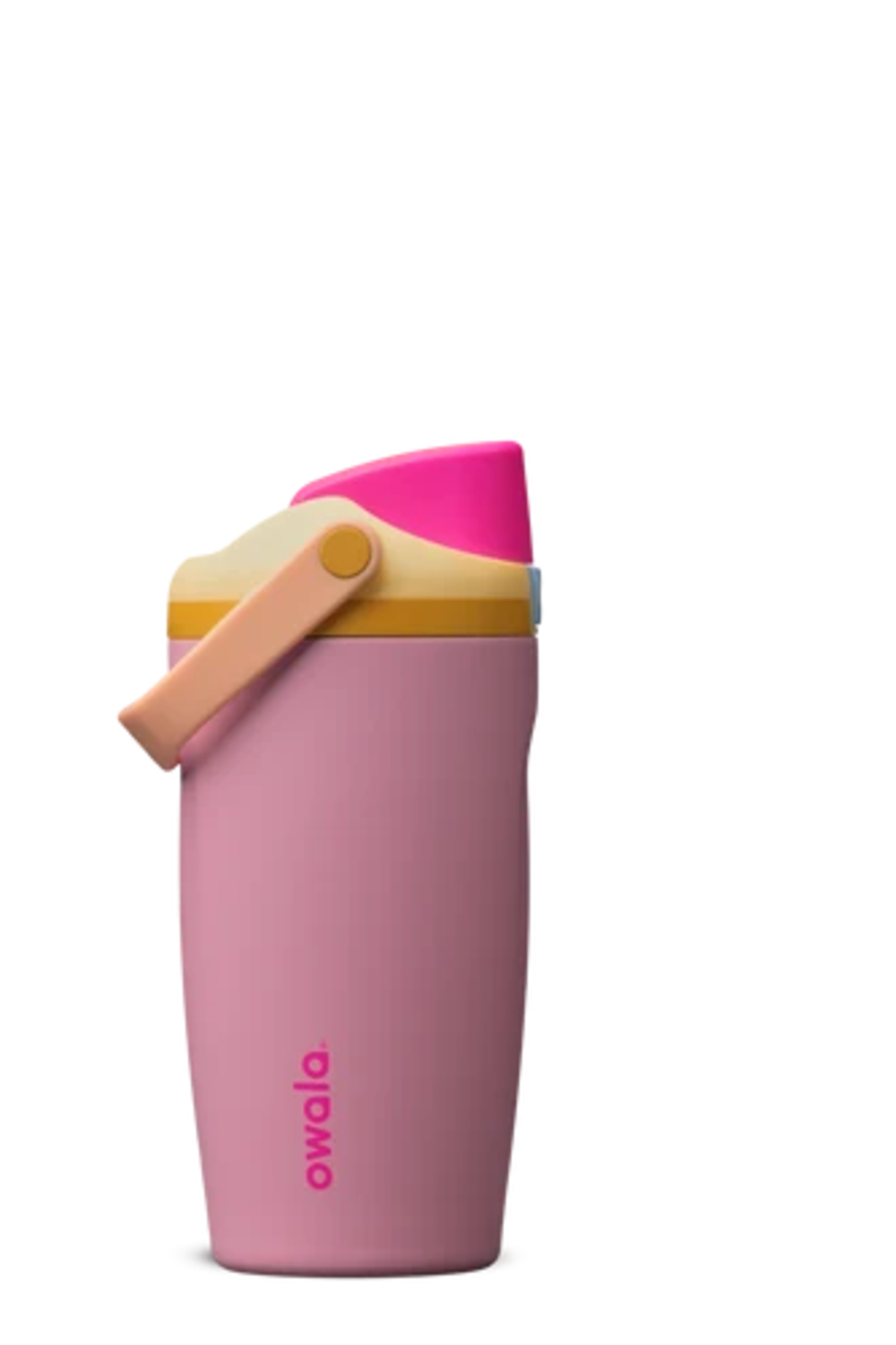 A pink Owala insulated water bottle with a bright pink lid, a beige carrying loop, and a yellow band, shown on a plain white background.