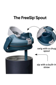 Diagram showing the Owala FreeSip spout functionality with options to swig with a chug spout or sip with a built-in straw.