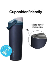 Owala FreeSip Sway 40 oz water bottle in Blue Steel highlighting cupholder friendly design and triple-layer insulation.