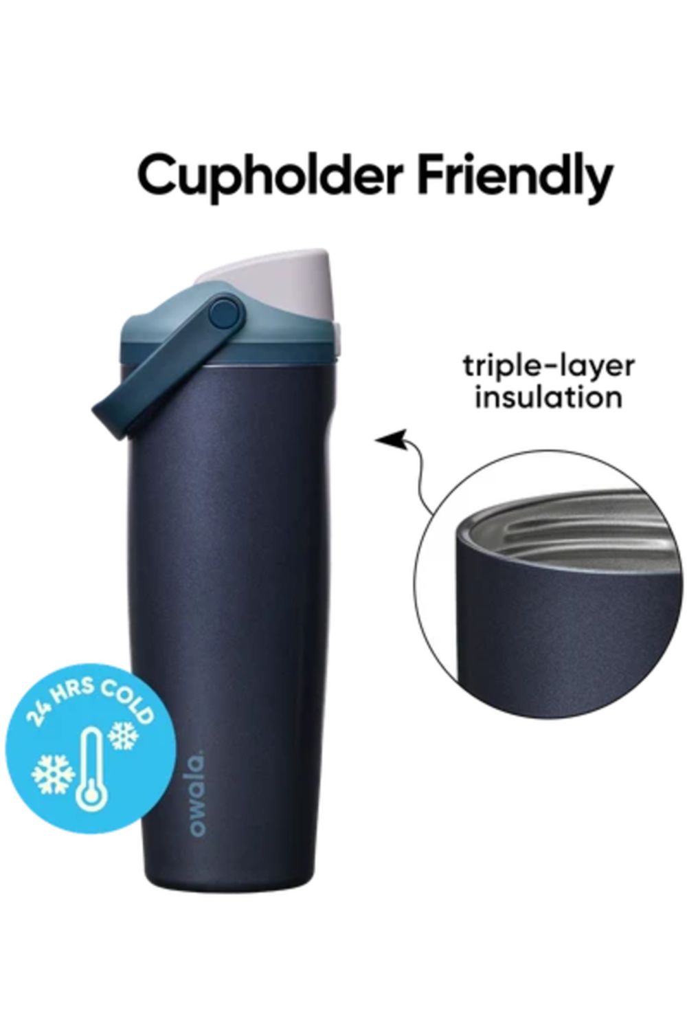 Owala FreeSip Sway 40 oz water bottle in Blue Steel highlighting cupholder friendly design and triple-layer insulation.