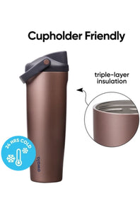 Owala FreeSip Sway 40 oz water bottle in Desert Smoke, highlighting its cupholder-friendly design, triple-layer insulation, and 24 hours cold retention.