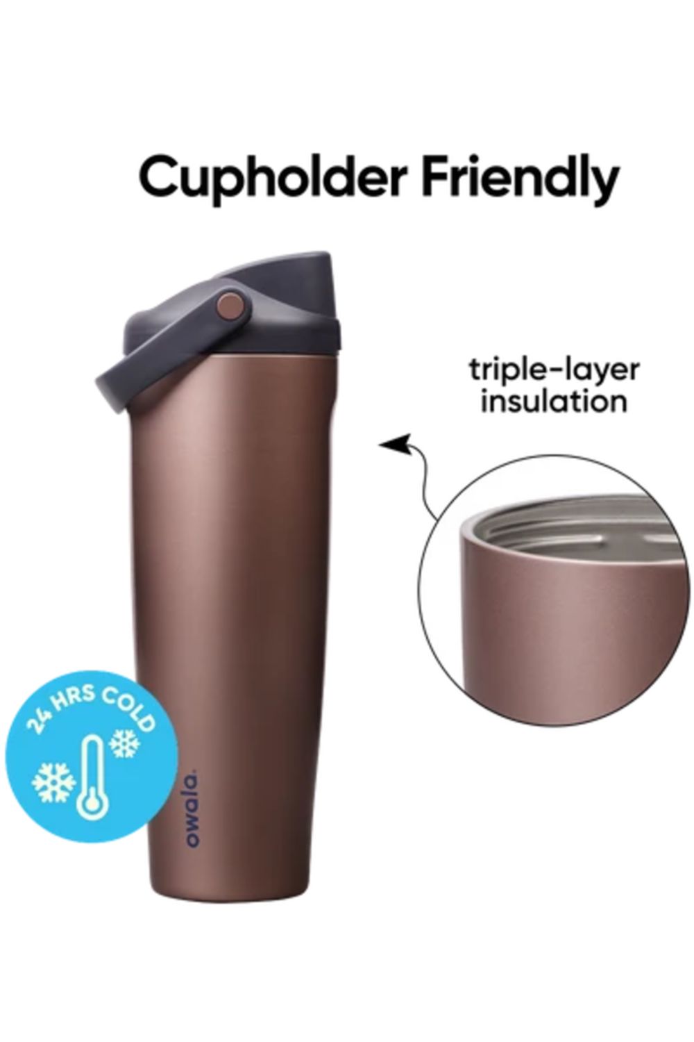 Owala FreeSip Sway 40 oz water bottle in Desert Smoke, highlighting its cupholder-friendly design, triple-layer insulation, and 24 hours cold retention.