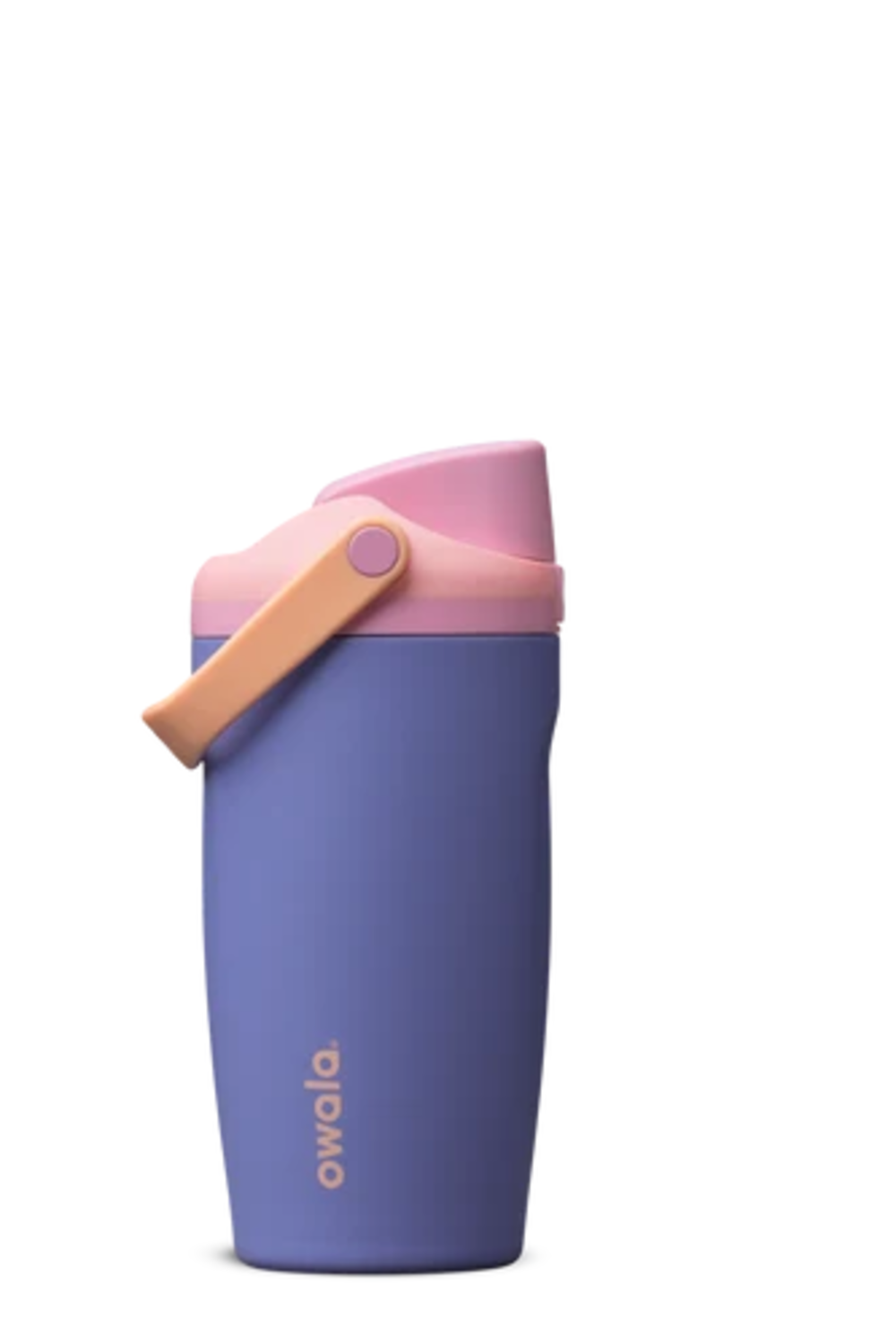 A Owala insulated water bottle in a dusty purple color, featuring a pink lid with a peach-colored carrying loop and the Owala logo printed in gold on the lower front, set against a plain white background.
