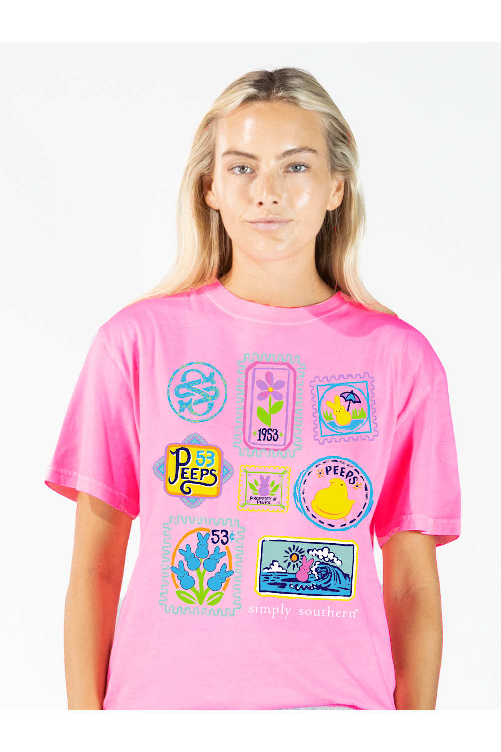 Simply Southern x Peeps Plus Size Stickers Mineral Wash T-Shirt for Women in Blush Berry