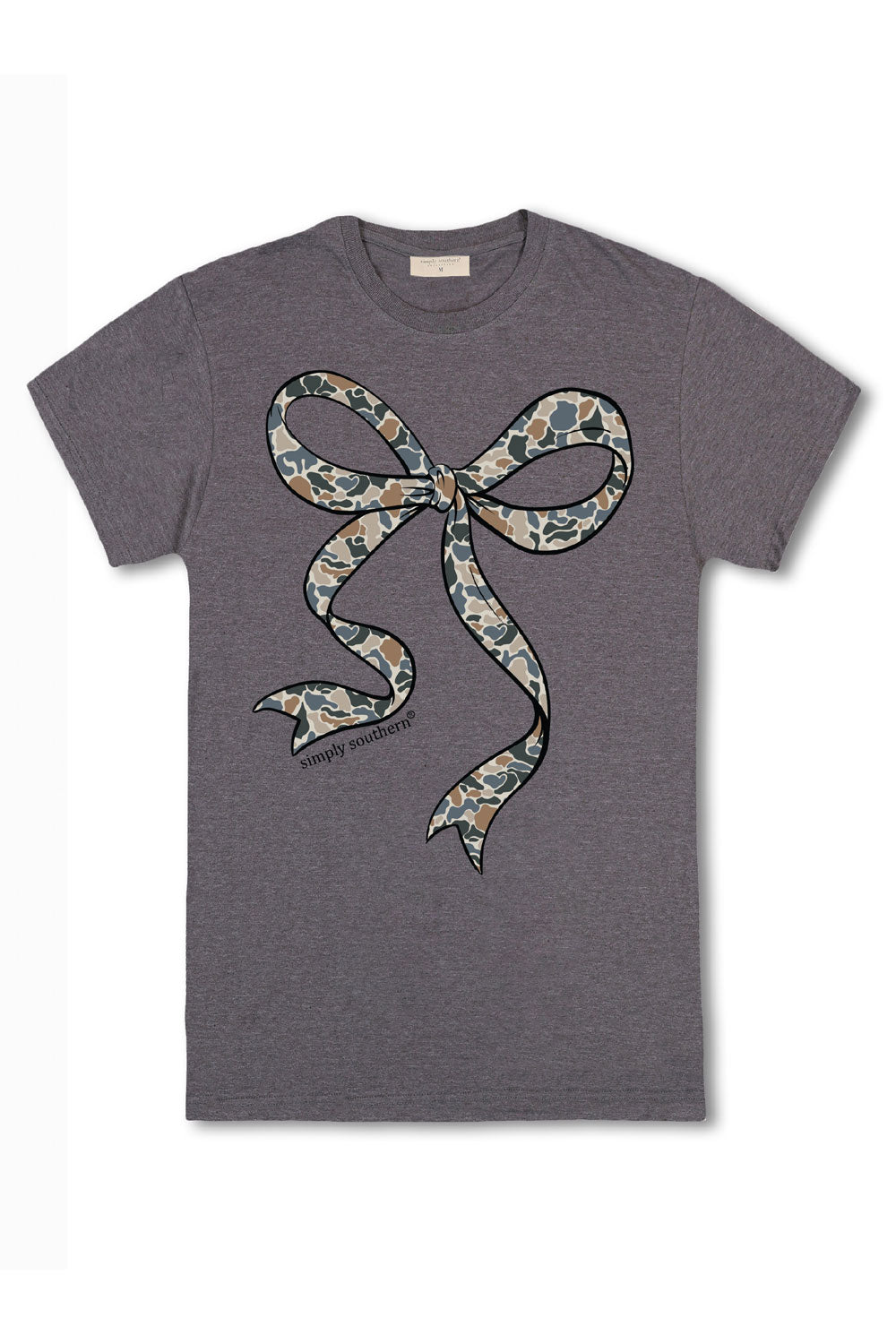 Simply Southern Plus Size Old Camo Bow T-Shirt for Women in Iron Heather