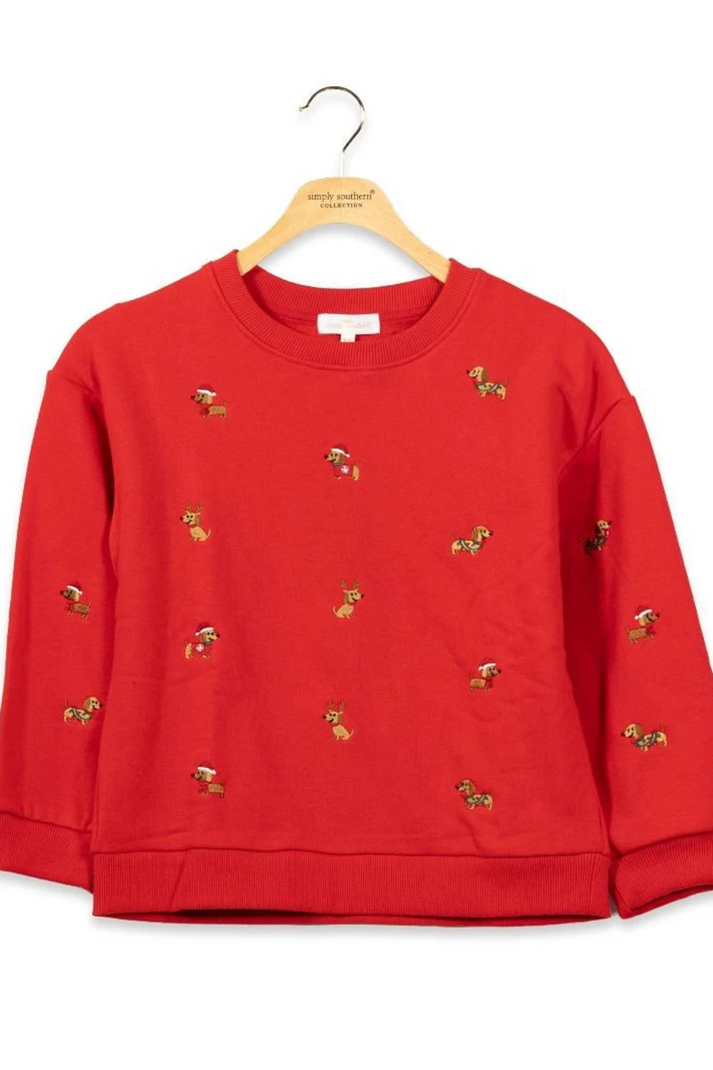 girls holiday crewneck sweater with embroidered santa dogs all over