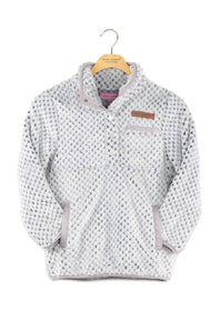 Snap collar fleece pullover in light grey for girls, with long sleeve and front hand pockets 