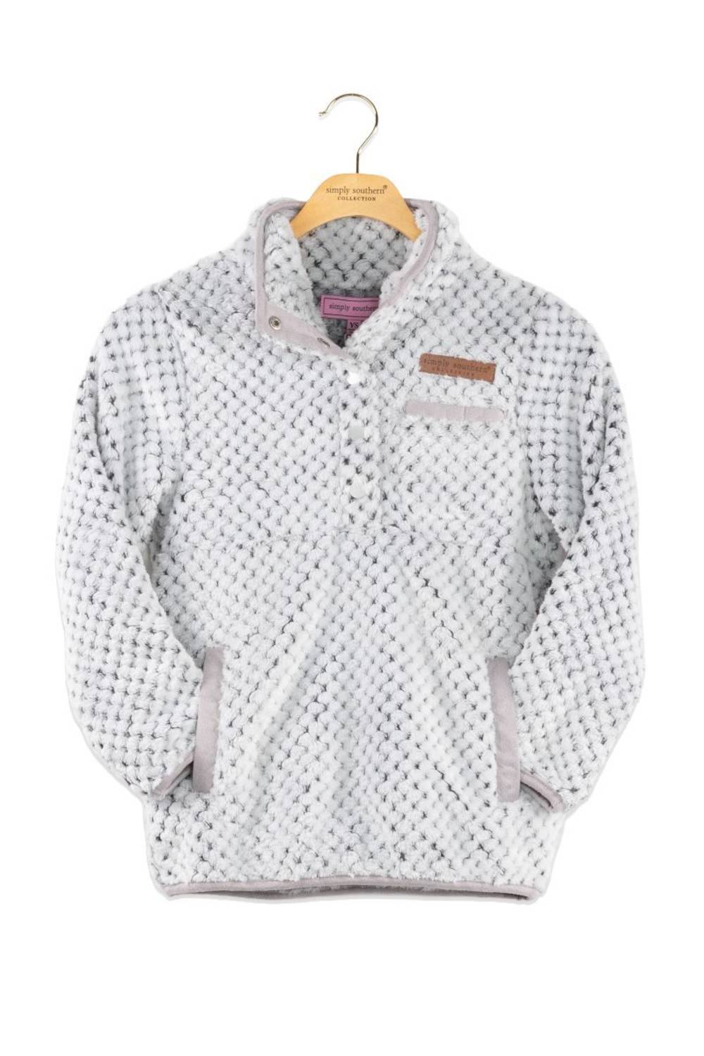 Snap collar fleece pullover in light grey for girls, with long sleeve and front hand pockets 