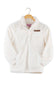 An off-white textured fleece pullover jacket with a stand collar and a brown rectangular logo patch on the chest, hanging on a wooden hanger against a white background.