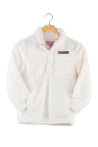 An off-white textured fleece pullover jacket with a stand collar and a brown rectangular logo patch on the chest, hanging on a wooden hanger against a white background.