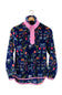Fleece zipneck pullover with pink accents, with a flower and bow pattern all over