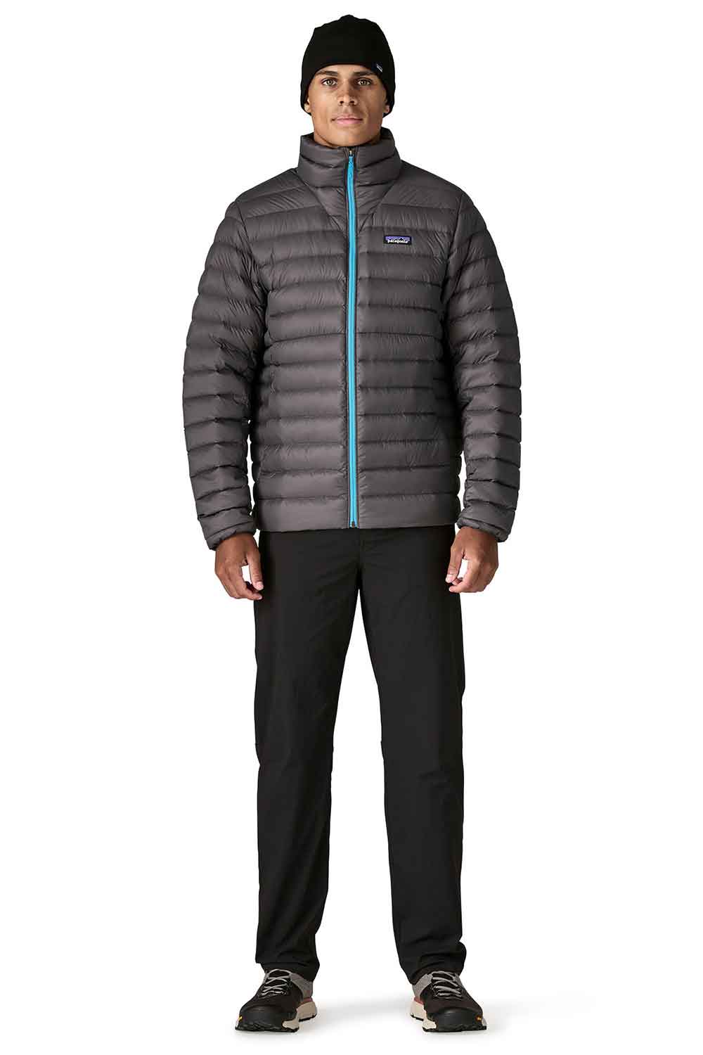 Forge Grey Down Jacket with Turquoise zipper Patagonia-Mens-down-sweater--WBF25 full body