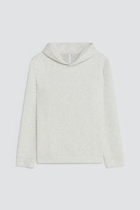 A light beige heathered knit cowl neck sweater with long sleeves, displayed flat against a light gray background.