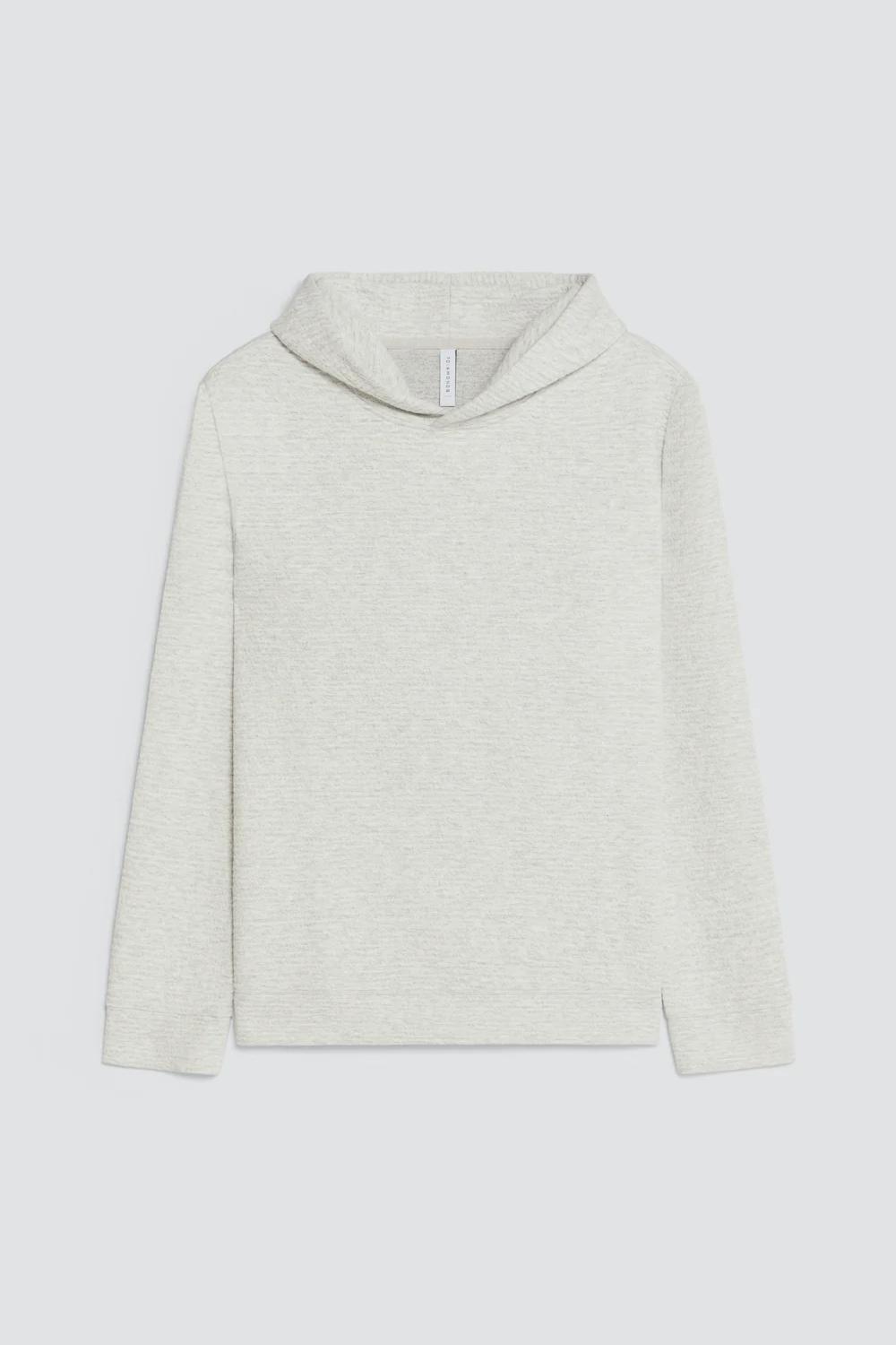 A light beige heathered knit cowl neck sweater with long sleeves, displayed flat against a light gray background.