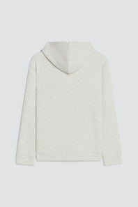 A light gray heathered hooded sweatshirt shown from the back, featuring a ribbed knit hood and long sleeves, set against a solid light gray background.