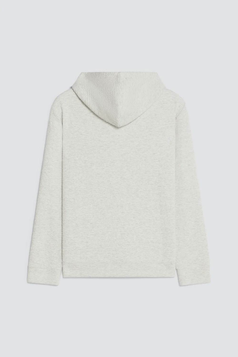 A light gray heathered hooded sweatshirt shown from the back, featuring a ribbed knit hood and long sleeves, set against a solid light gray background.