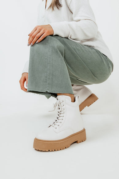 Qupid Shoes Phase Lace Up Lug Booties for Women in Off White