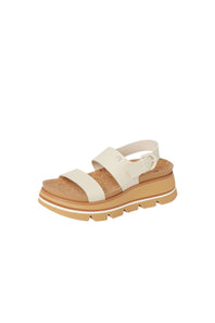 White sandal with tan sole on a white background