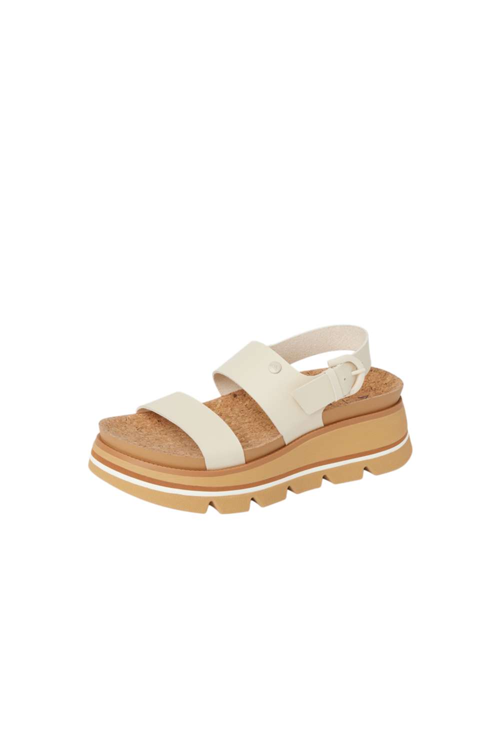 White sandal with tan sole on a white background