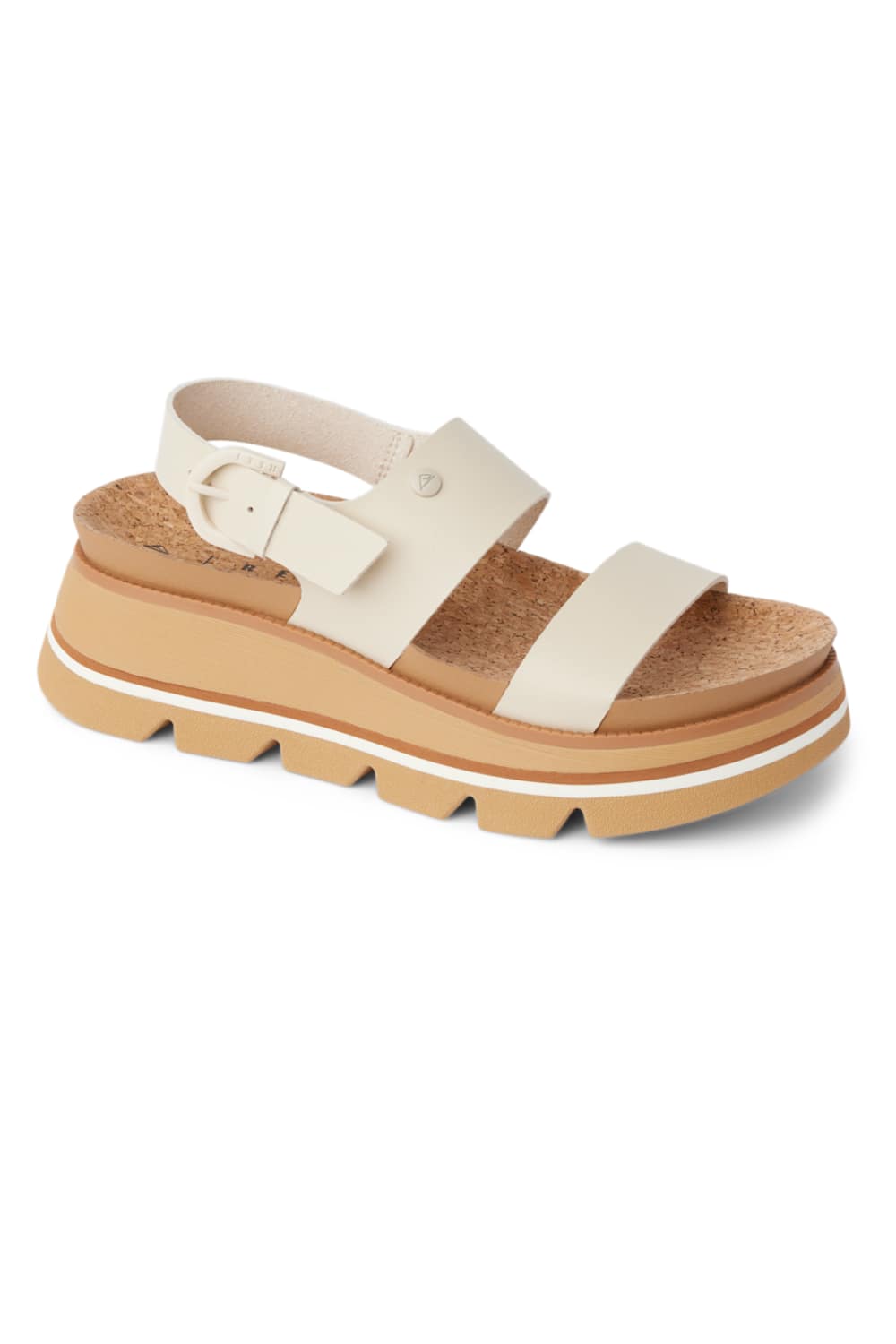 White sandal with brown sole on a white background. The sandal is the Reef Vista Luxe Liah in White/Tan.